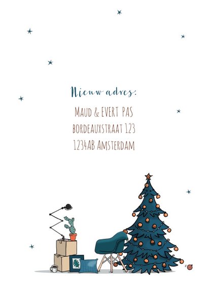 Kerst verhuiskaart wit met blauwe kerstboom 3