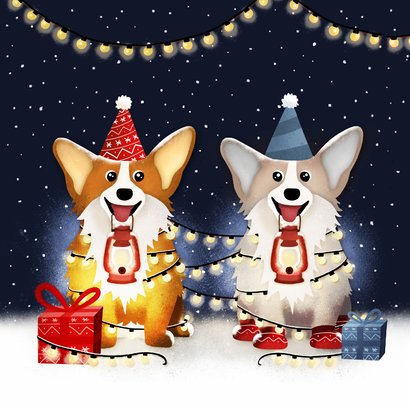 Kerst verjaardagskaart met 2 corgi honden met feesthoedjes 2