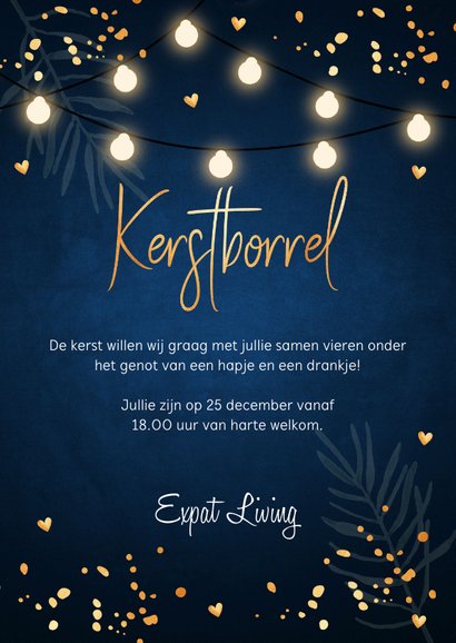 Kerstborrel confetti lampjes uitnodiging donkerblauw 3