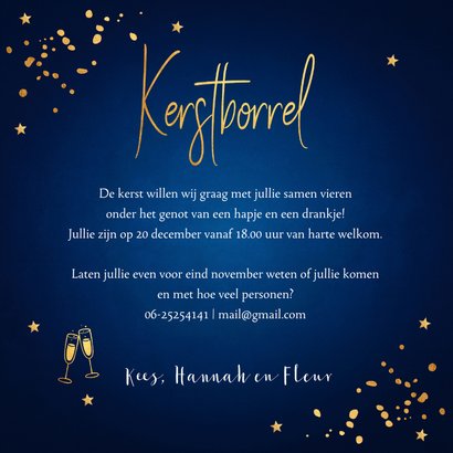 Kerstborrel uitnodiging blauw goudlook confetti 3