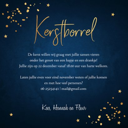 Kerstborrel uitnodiging donkerblauw confetti goudlook 3
