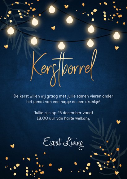 Kerstborrel uitnodiging donkerblauw confetti lampjes 3