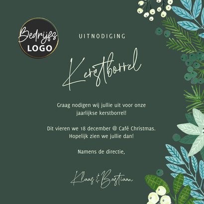 Kerstborrel uitnodiging zakelijk kerst groen en bloemen 3