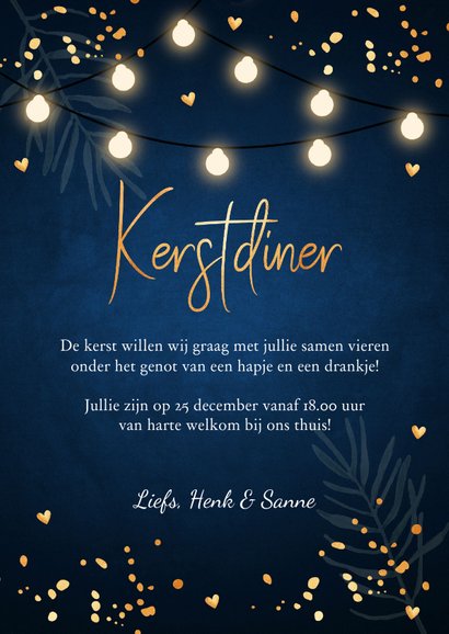 Kerstdiner uitnodiging blauw confetti goudlook 3