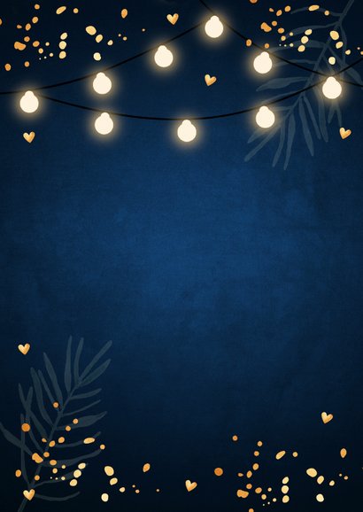 Kerstdiner uitnodiging blauw confetti goudlook Achterkant