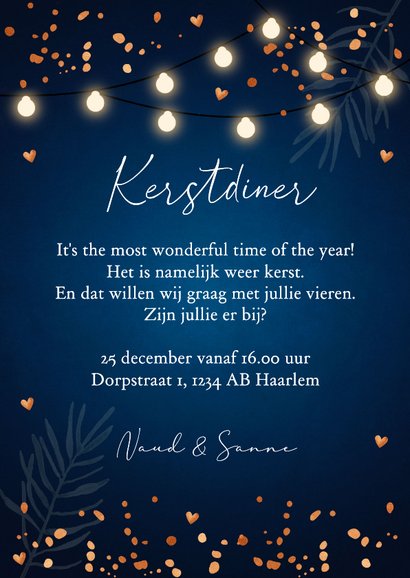 Kerstdiner uitnodiging blauw confetti koperlook 3