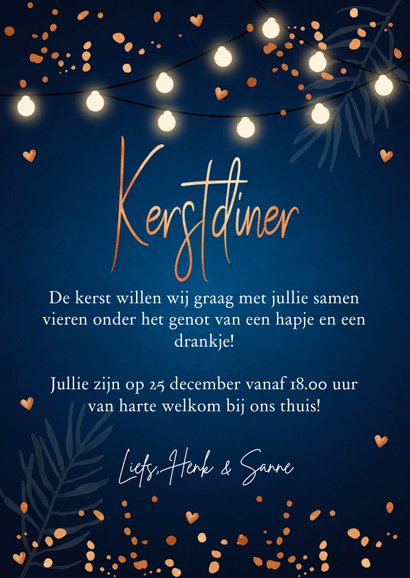 Kerstdiner uitnodiging blauw confetti koperlook 3