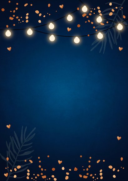 Kerstdiner uitnodiging blauw confetti koperlook Achterkant