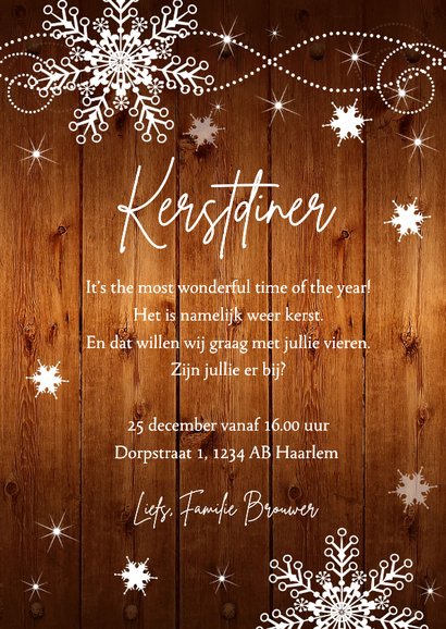 Kerstdiner uitnodiging bruin sneeuwvlokken houtlook 3