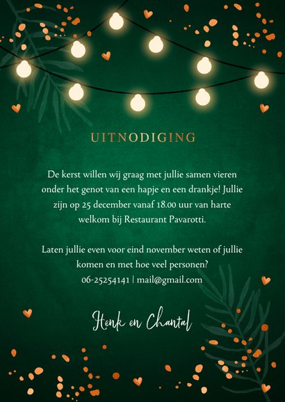 Kerstdiner uitnodiging donkergroen confetti lampjes 3