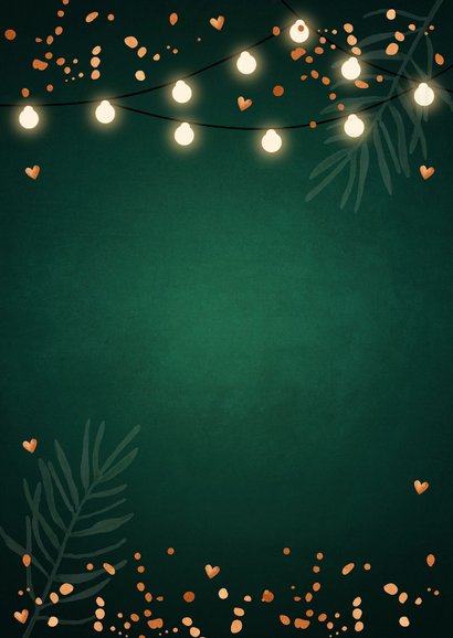 Kerstdiner uitnodiging donkergroen confetti lampjes Achterkant