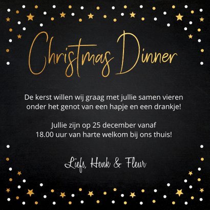 Kerstdiner uitnodiging fotocollage zwart goudlook confetti 3