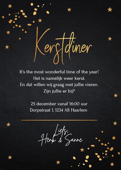 Kerstdiner uitnodiging goudlook confetti 3