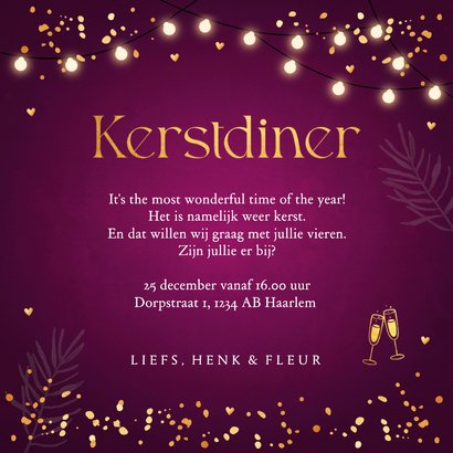 Kerstdiner uitnodiging paars lampjes confetti goudlook 3