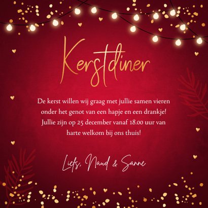 Kerstdiner uitnodiging rood confetti goudlook 3
