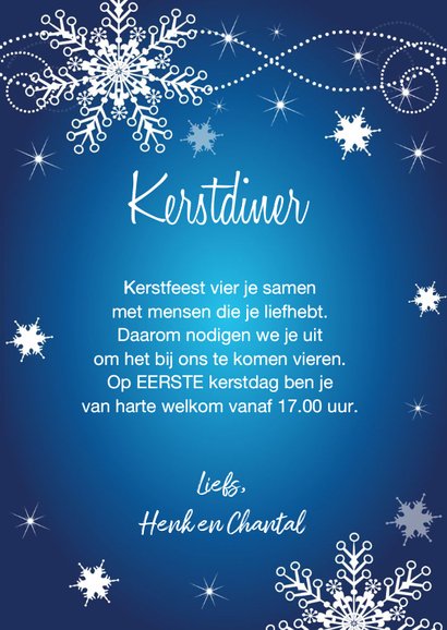 Kerstdiner uitnodiging sneeuwvlokken blauw 3