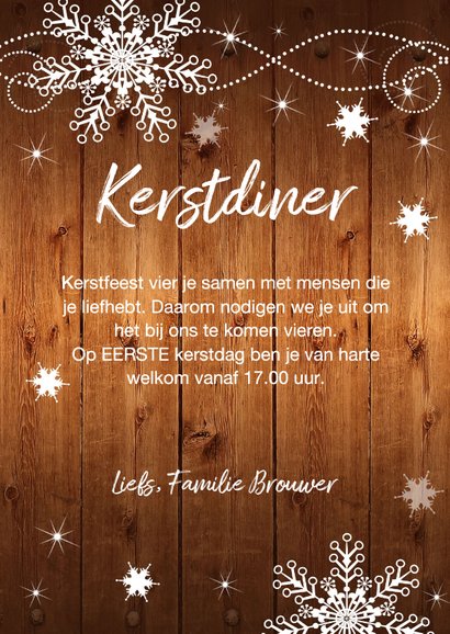 Kerstdiner uitnodiging sneeuwvlokken houtlook 3