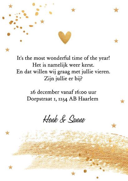 Kerstdiner uitnodiging wit goudlook confetti brush 3