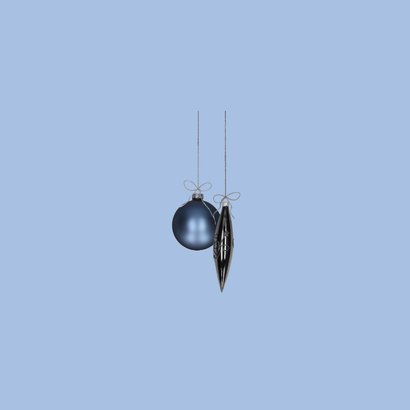 Kerstkaart 2026 blauw kerstballen Achterkant