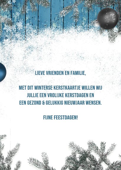 Kerstkaart 2026 fotostapel sneeuw en blauw hout 3