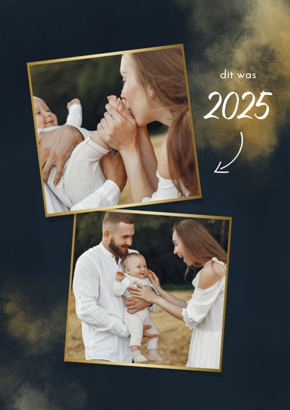 Kerstkaart 2026 goud met foto en sterretjes 2
