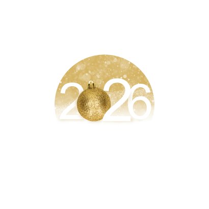 Kerstkaart 2026 gouden kerstbal en sneeuw Achterkant