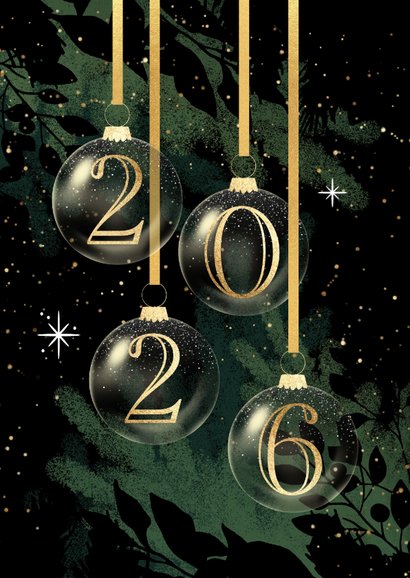 Kerstkaart 2026 kerstballen kerst takken 2