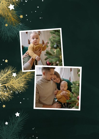 Kerstkaart 2026 met foto kersttakjes en gouden sterren 2