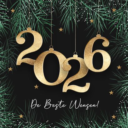 Kerstkaart 2026 met kerstballen in goud 2