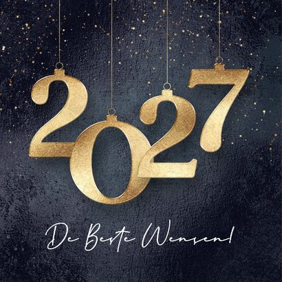 Kerstkaart 2027 gouden kerstballen met foto 2