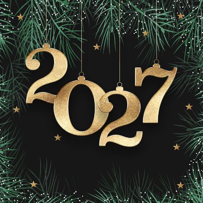 Kerstkaart 2027 kerstballen hond 2