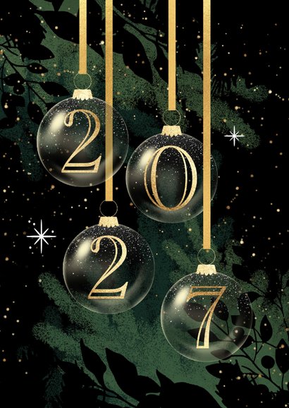Kerstkaart 2027 kerstballen kerst takken 2