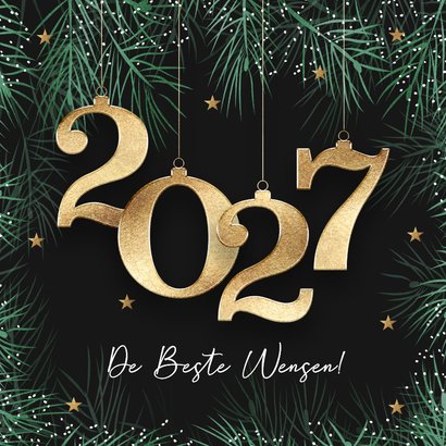 Kerstkaart 2027 met kerstballen in goud 2