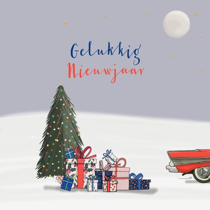Kerstkaart amerikaanse auto rood met kerstman 3