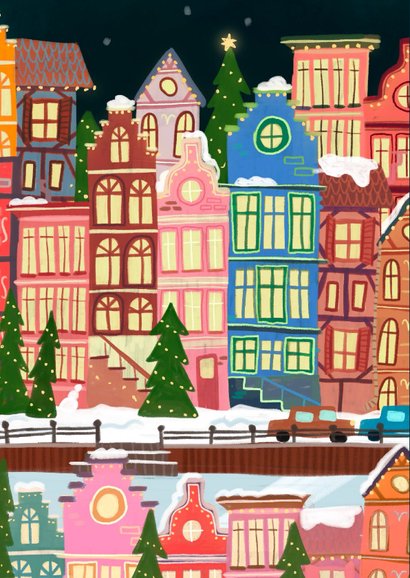 Kerstkaart Amsterdamse kersthuisjes gekleurd 2