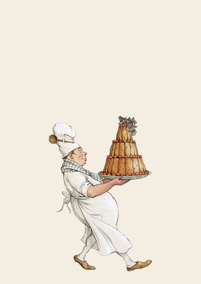 Kerstkaart - Anton Pieck illustratie bakker met taart 2