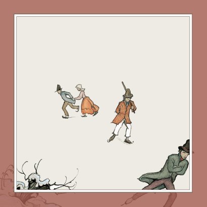 Kerstkaart - Anton Pieck illustratie schaatsende mensen Achterkant