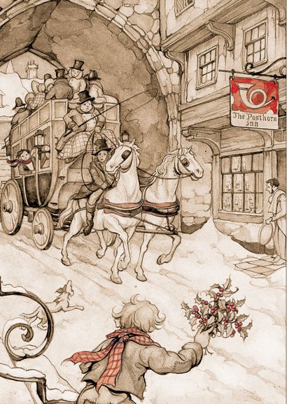 Kerstkaart Anton Pieck postkoets sepia 2