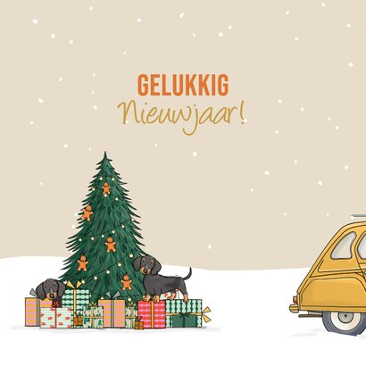 Kerstkaart auto Citroën eend met teckels 3