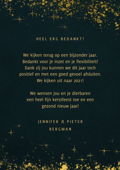 Kerstkaart Bedankt medewerkers met goudspetters 3