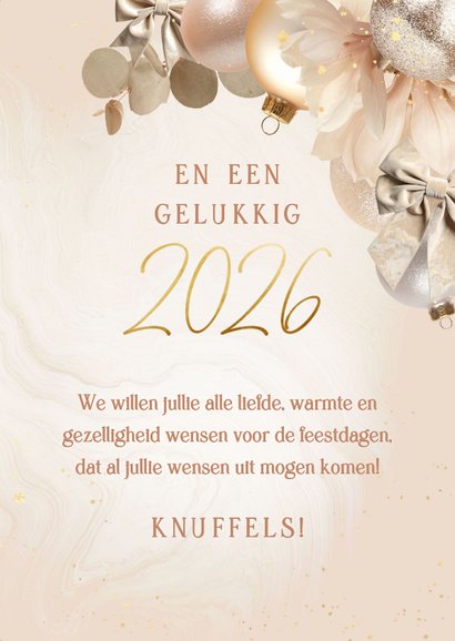 Kerstkaart beige kerstballen strikken bloemen & eucalyptus 3