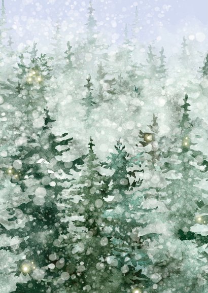 Kerstkaart berg vol dennenbomen 2
