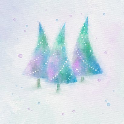 Kerstkaart blauw-groen-paars aquarel kerstbomen 2
