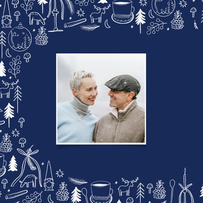 Kerstkaart blauw wit lijntekeningen eigen foto fijne kerst 2
