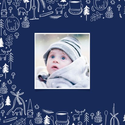 Kerstkaart blauw wit lijntekeningen eigen foto fijne kerst 2