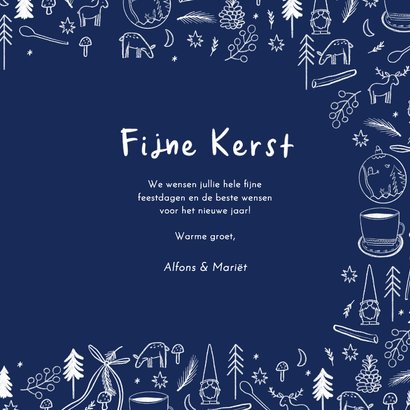 Kerstkaart blauw wit lijntekeningen eigen foto fijne kerst 3