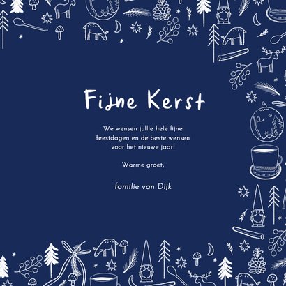 Kerstkaart blauw wit lijntekeningen eigen foto fijne kerst 3