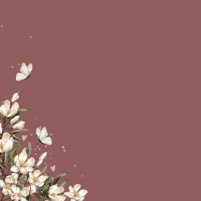 Kerstkaart bloemenkrans met vlinders en hartjes Achterkant