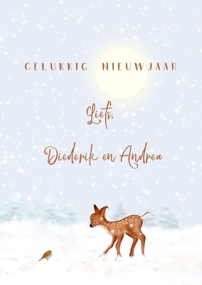 Kerstkaart boom, hertjes en roodborst in de sneeuw 3