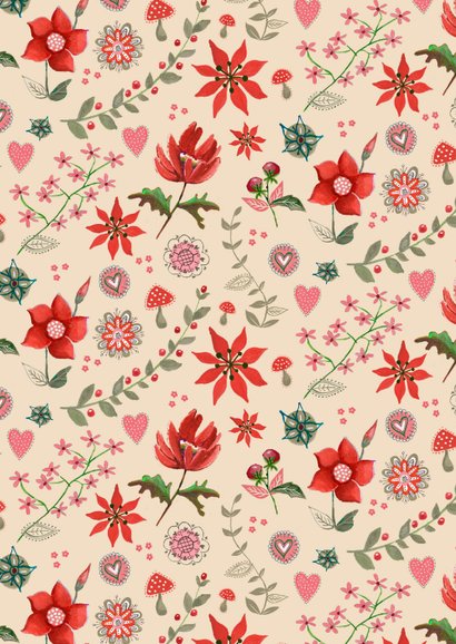 Kerstkaart botanisch beige stippen met bloemen 2
